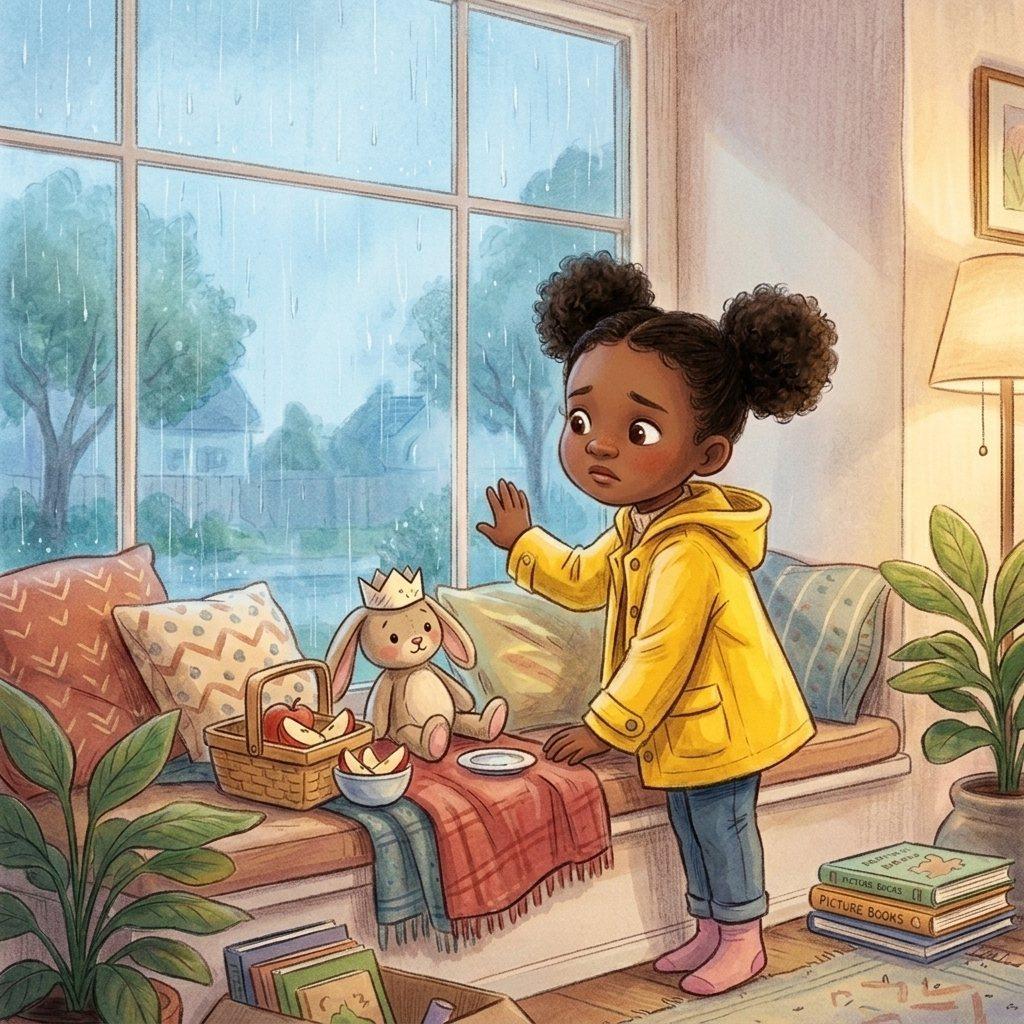 Mina, a child with two puff ponytails and a yellow raincoat, imagines a wooden button as a tiny magic control.
