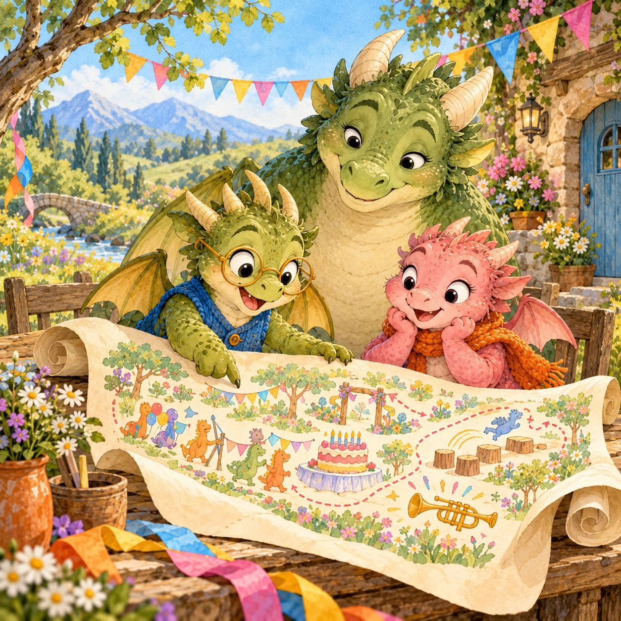 Green dragon finding a huge paper party plan.