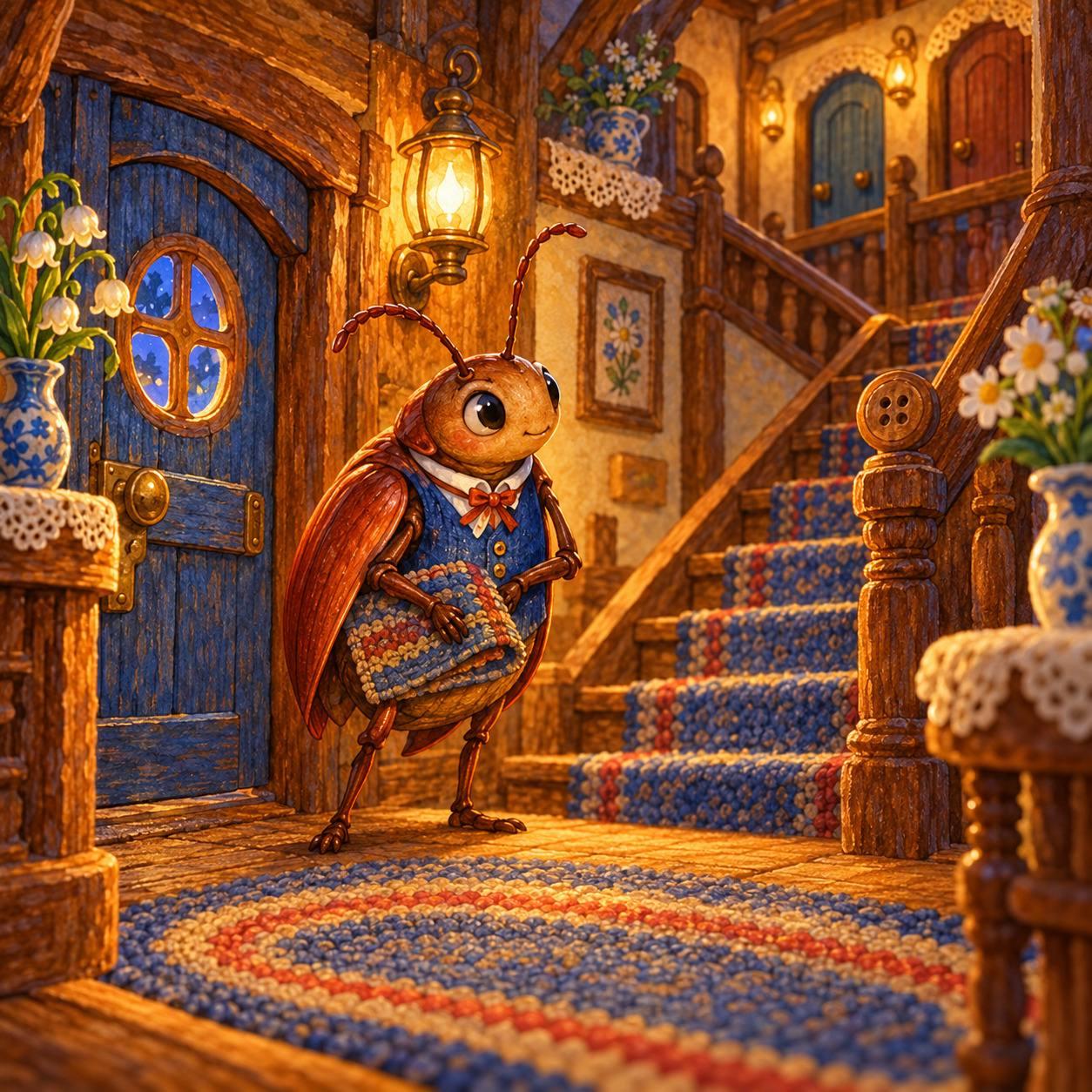 Beetle closing a sewing-box hotel beside large buttons.