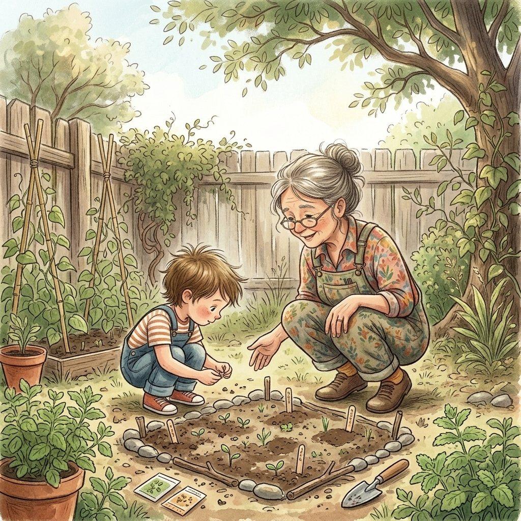 A grandmother and child test seeds in a small home garden.