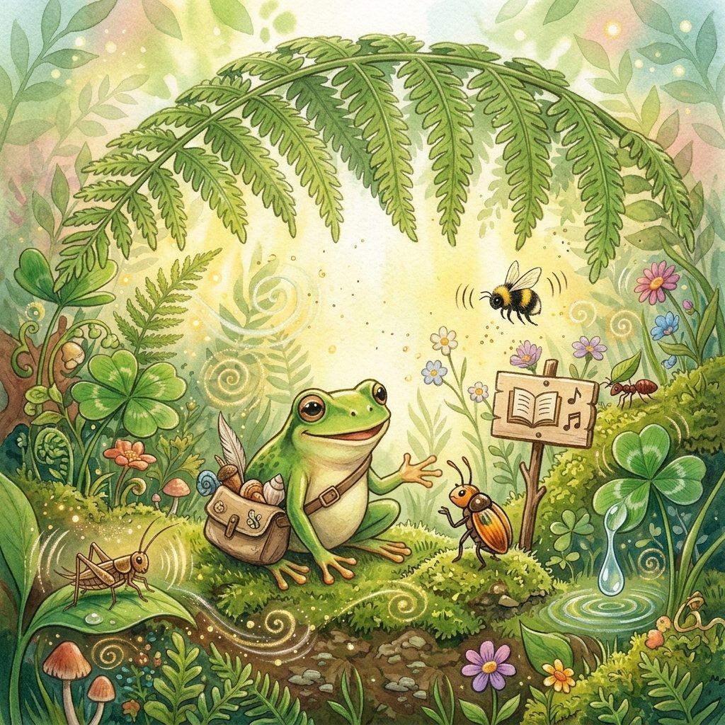 Juniper is a small green tree frog with a satchel and handmade library sign.