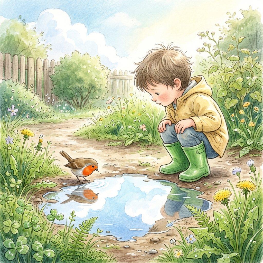 A small puddle reflects enormous clouds, beside a curious child in green boots and garden wildlife.