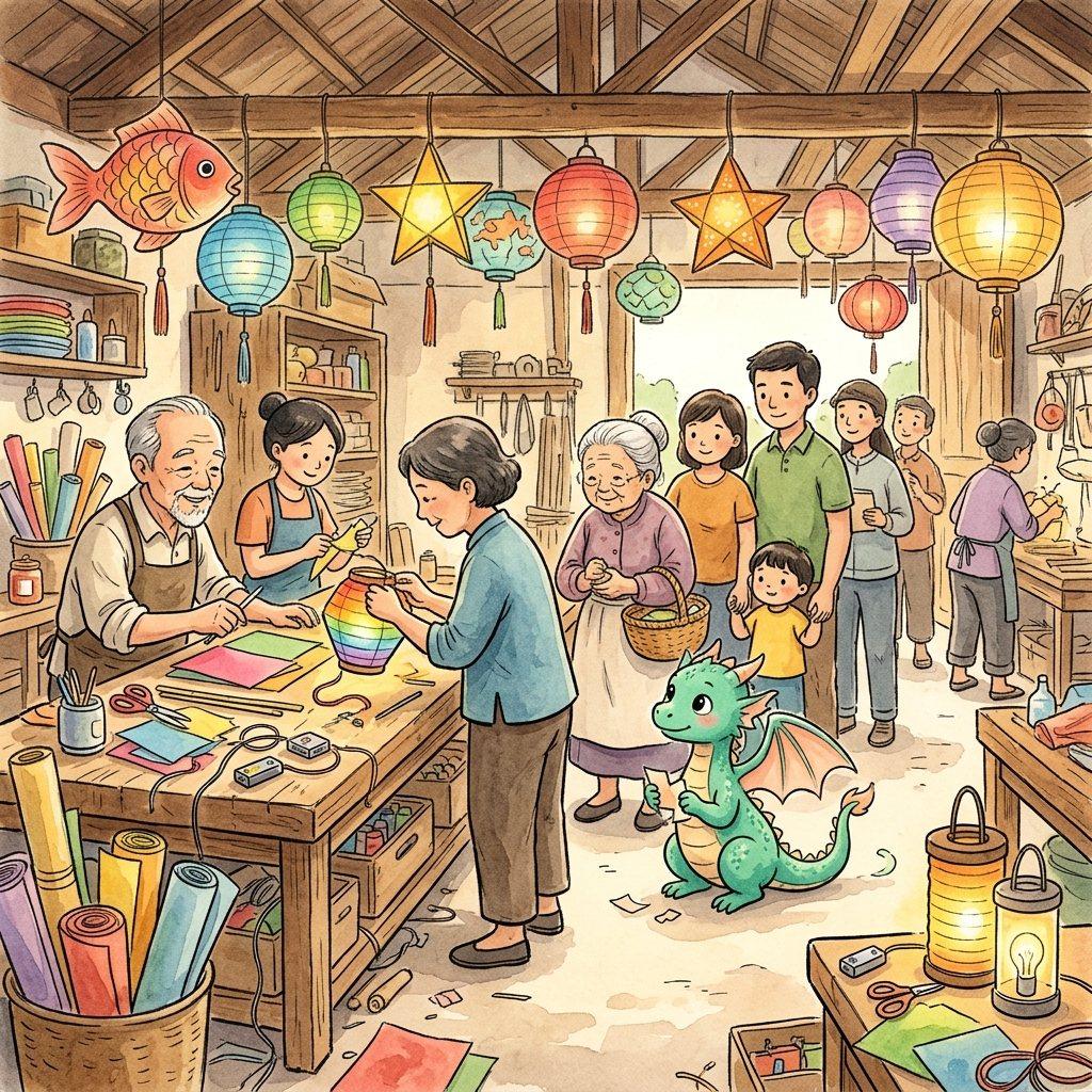 A small jade dragon with peach wings practices waiting at a village lantern workshop.