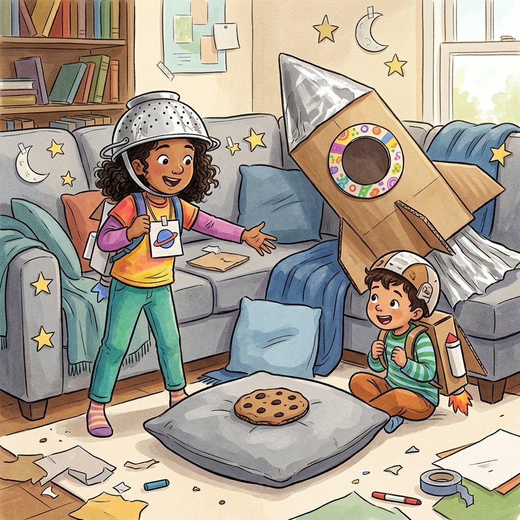Siblings Noor and Eli turn a living room into a pretend moon base.