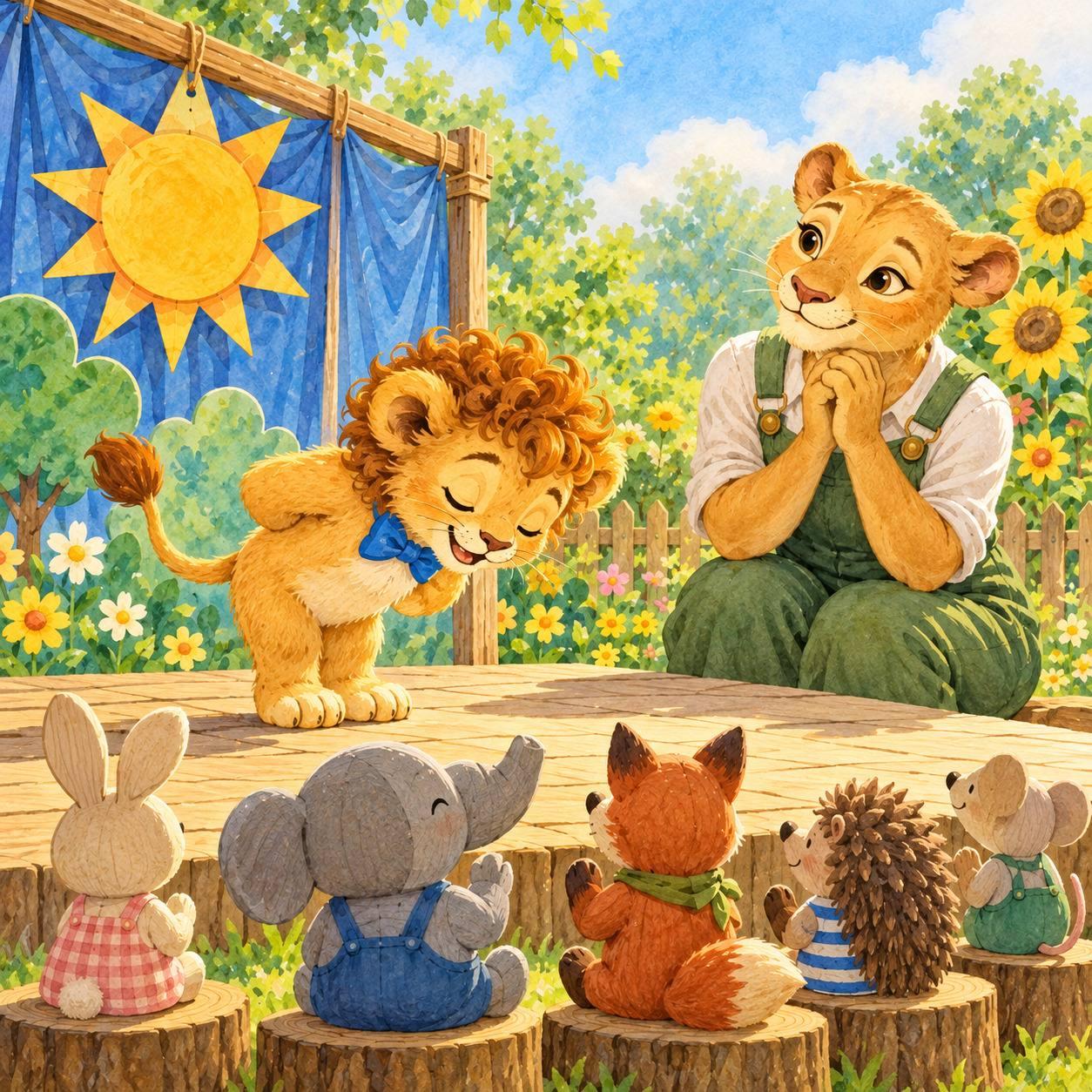 Lion rehearsing beside a toy audience.