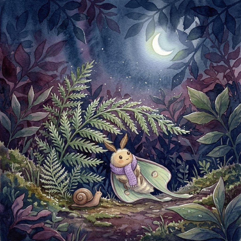 When the garden grew blue, Miri folded her wings and tucked herself beneath a fern.