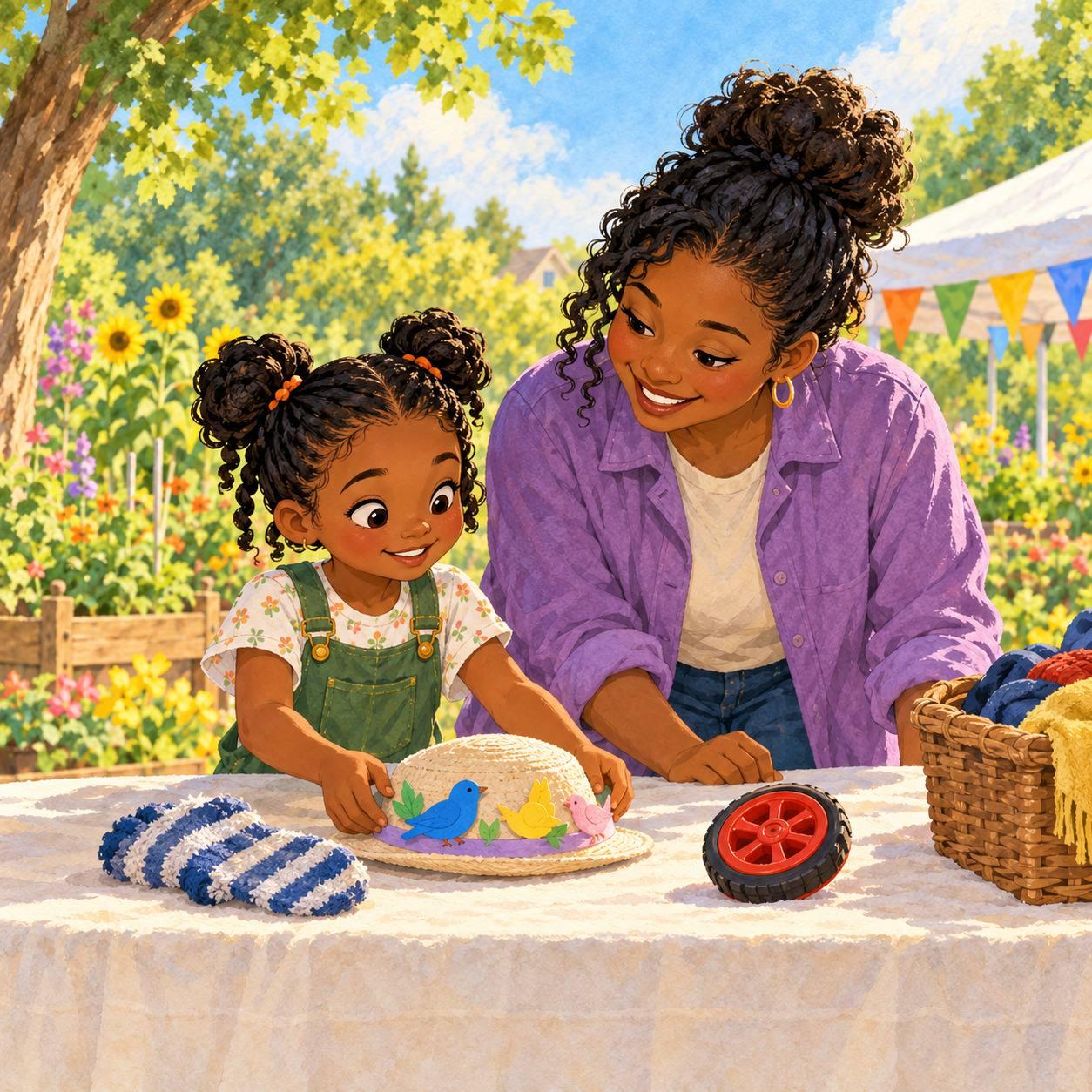 An unusual table: At the neighborhood picnic, Rae’s parent volunteered at the lost-and-found table.