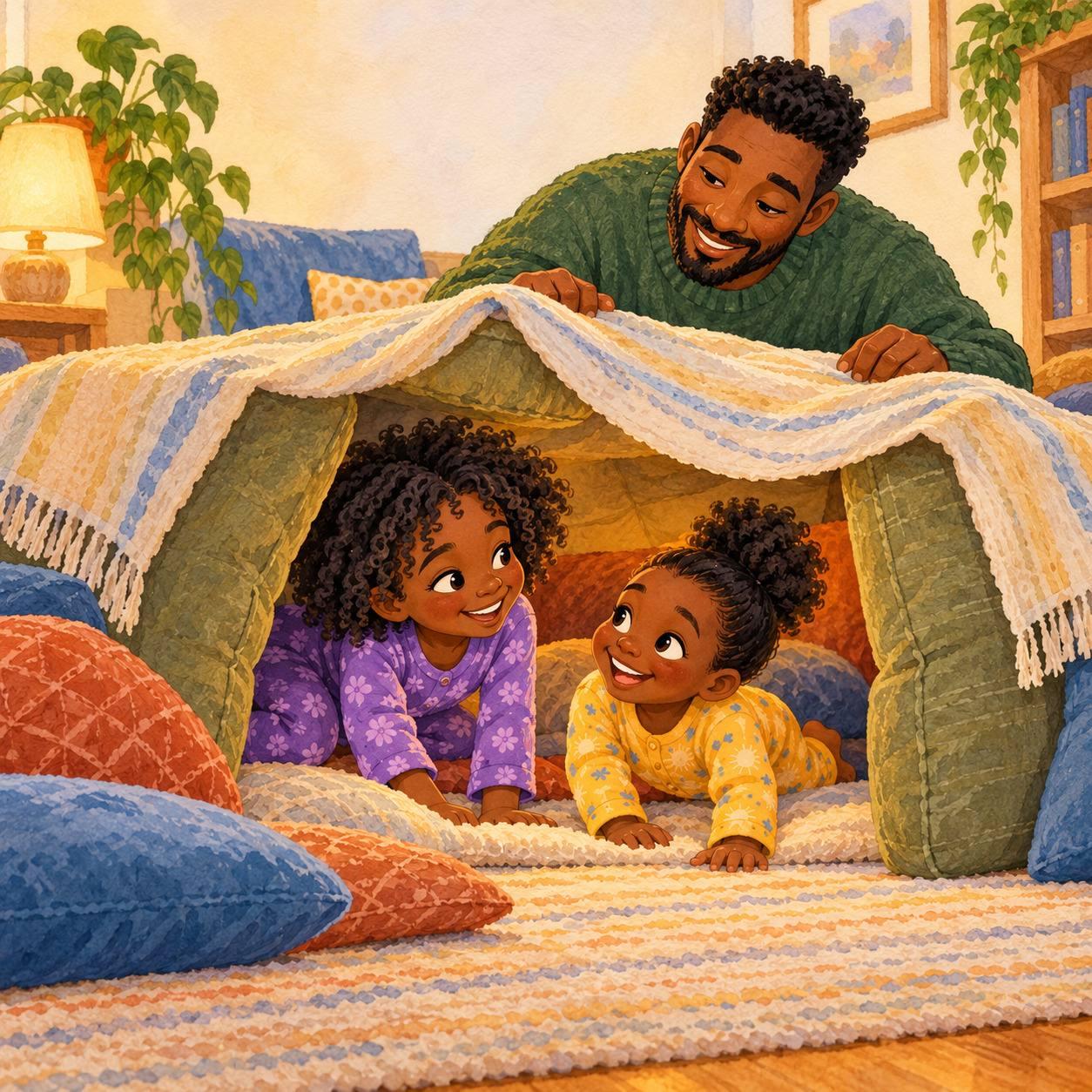 Two siblings making a low cushion fort with Dad nearby.