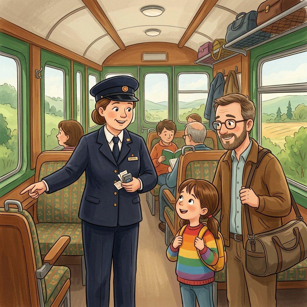 A small regional train with a friendly conductor.