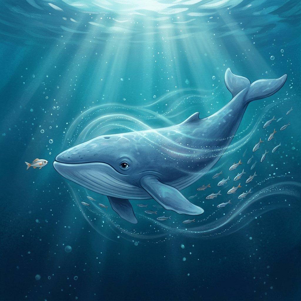 A young blue whale and a cautious little fish meet in a luminous natural ocean.