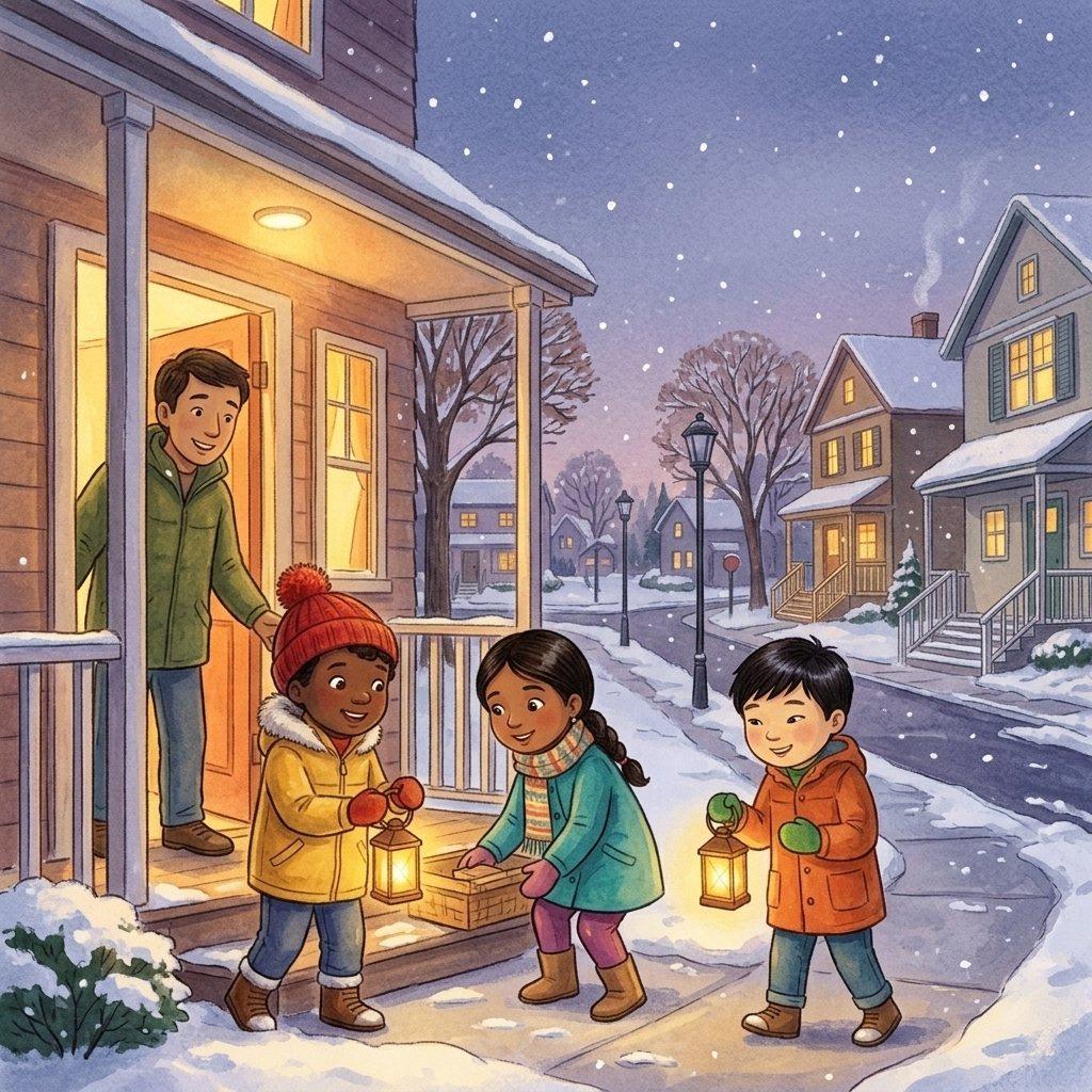 A diverse neighborhood under gentle first snow.