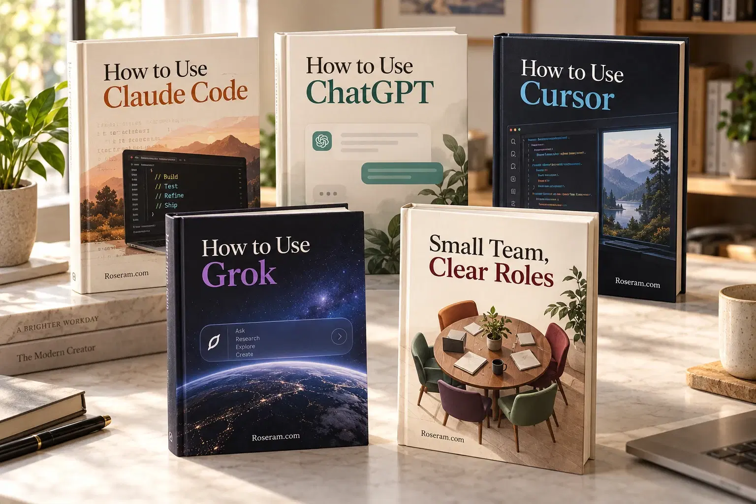 Concept visualization of the five Roseram technology and business hardcovers