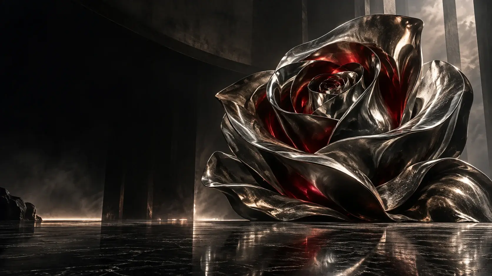 A sculptural chrome rose unfolding in a dark architectural space