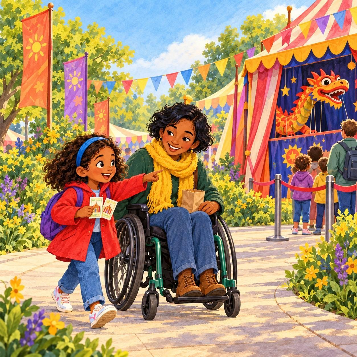 The shortest line: Noor’s festival map showed a dotted line from the bus stop to the puppet tent.