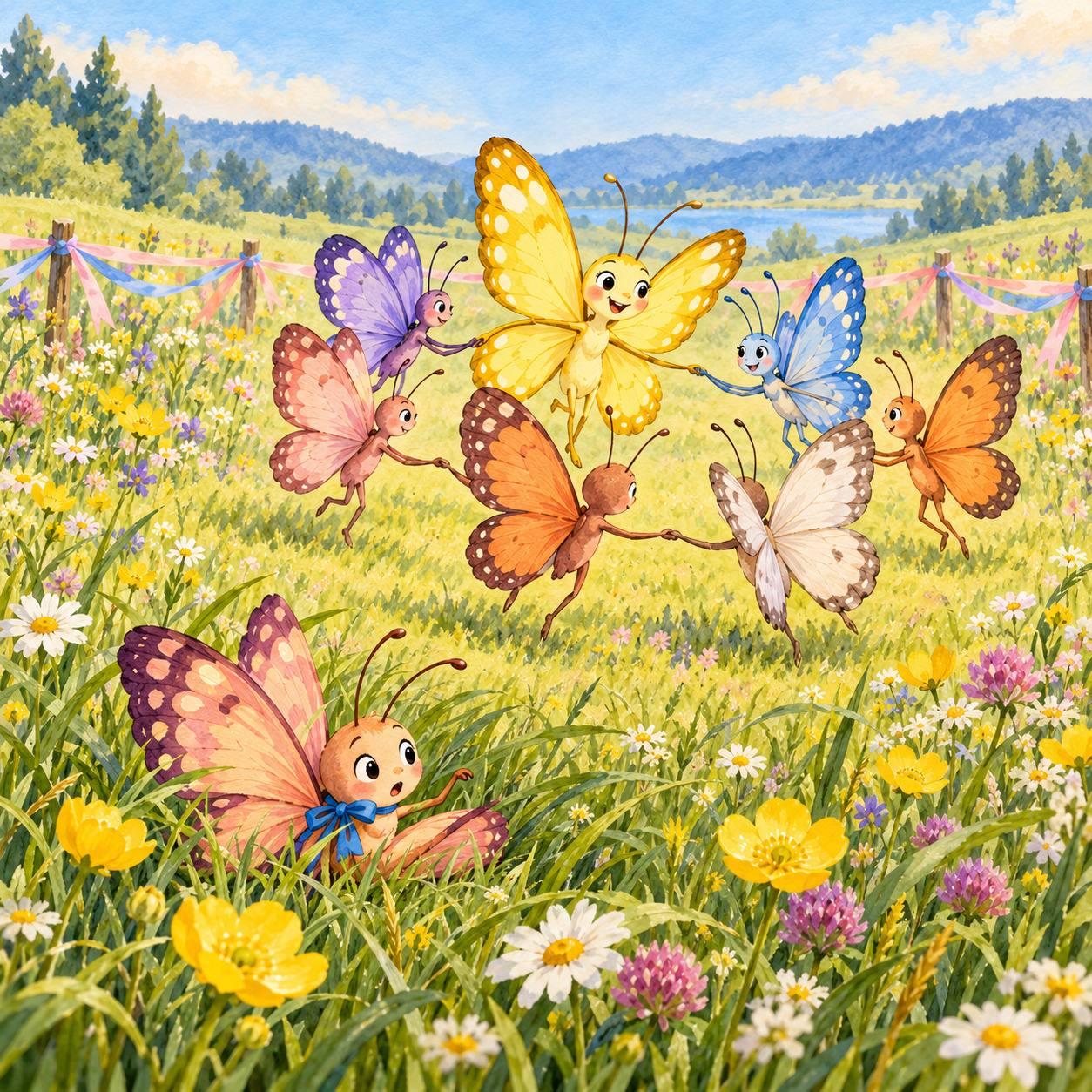 Butterfly watching a circle dance in a meadow.