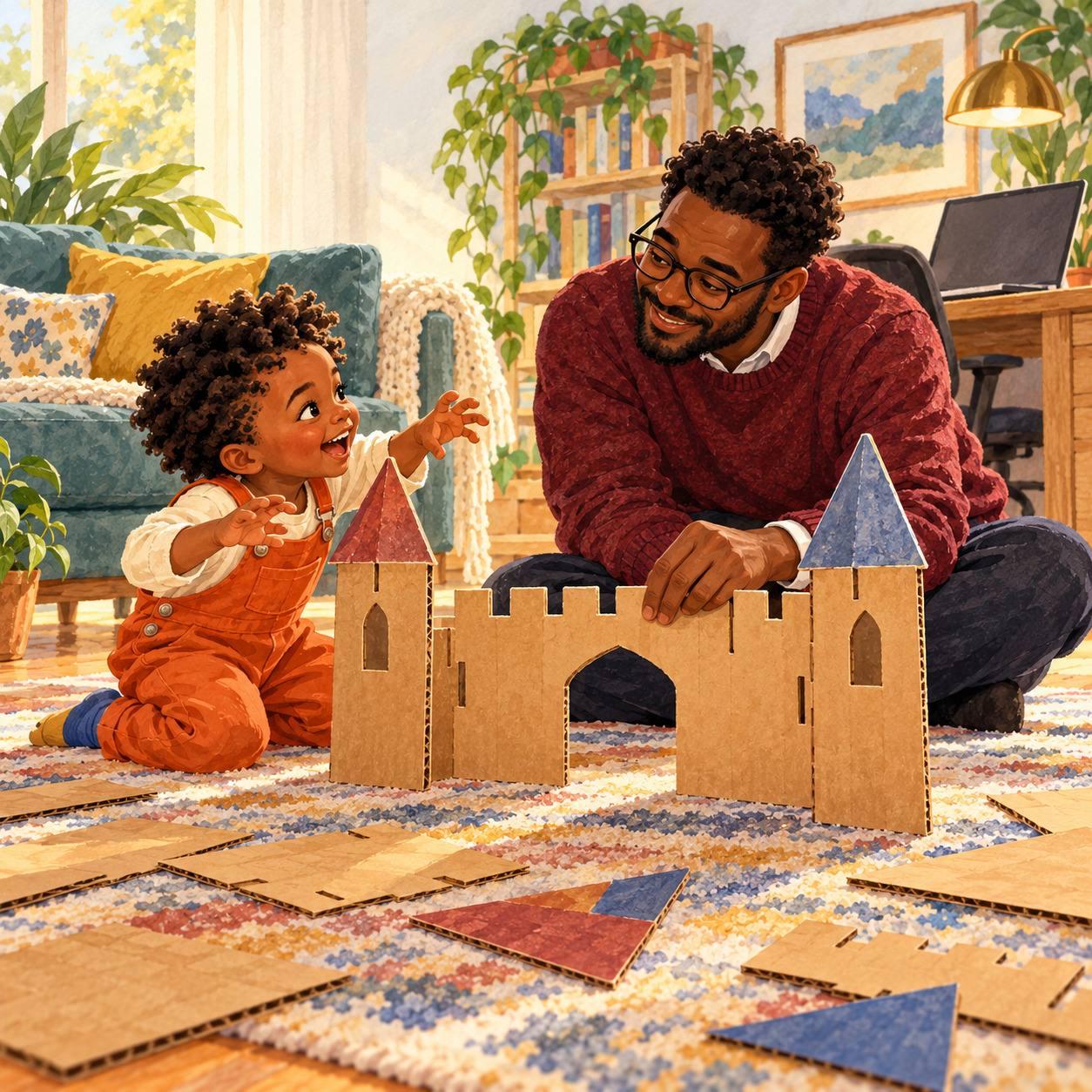 A small kingdom: Dad had fifteen minutes before his work call. Jules had enough cardboard to build a kingdom.