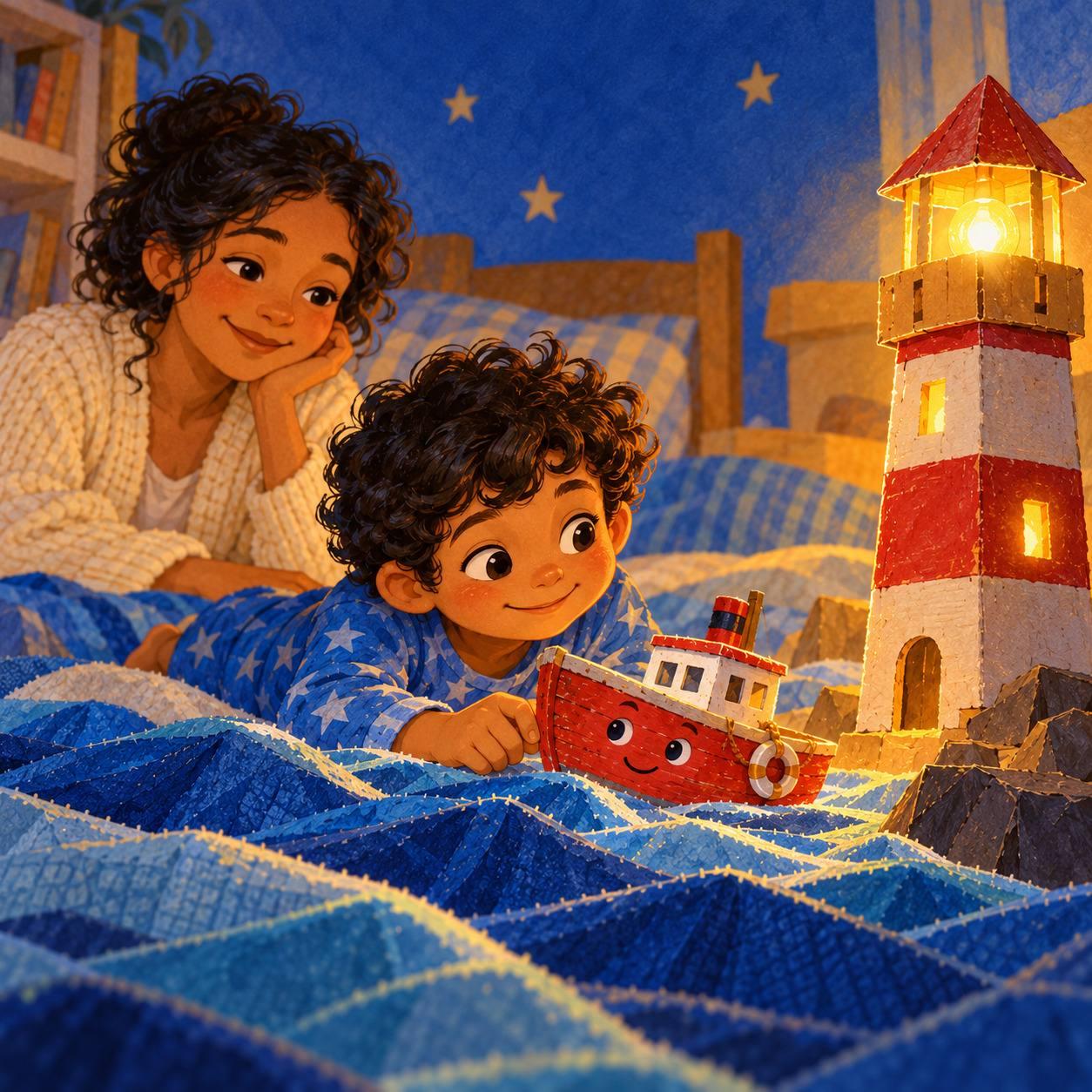 Red toy boat on blue fabric beside cardboard lighthouse.