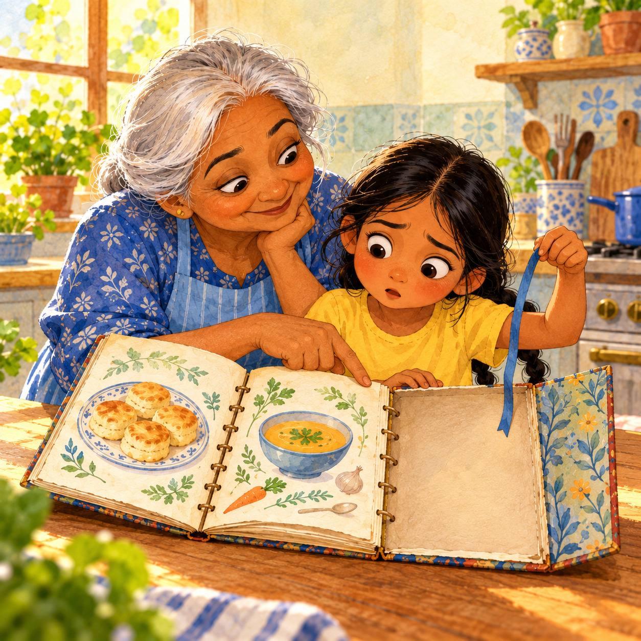 Page seventeen: Grandma’s recipe book opened easily at the biscuit page. It resisted the soup page. Where the banana toast should have been, it had no page at all.