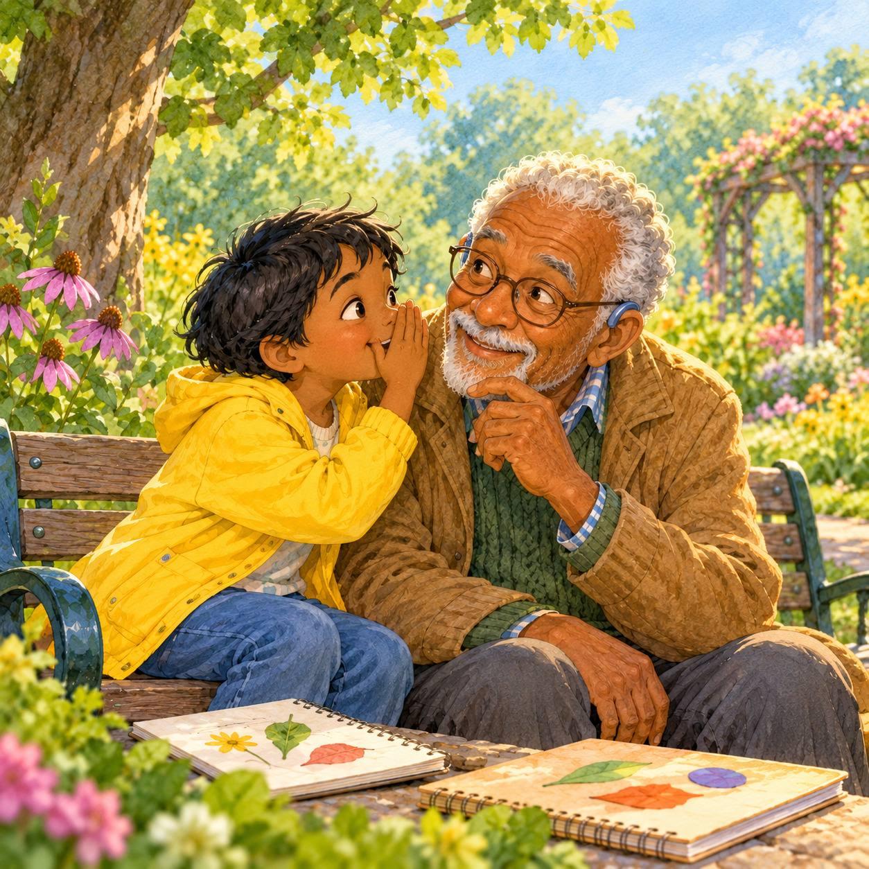 The secret game: Mika had invented a whisper game for their garden visit. He would describe something, and Grandpa would guess.