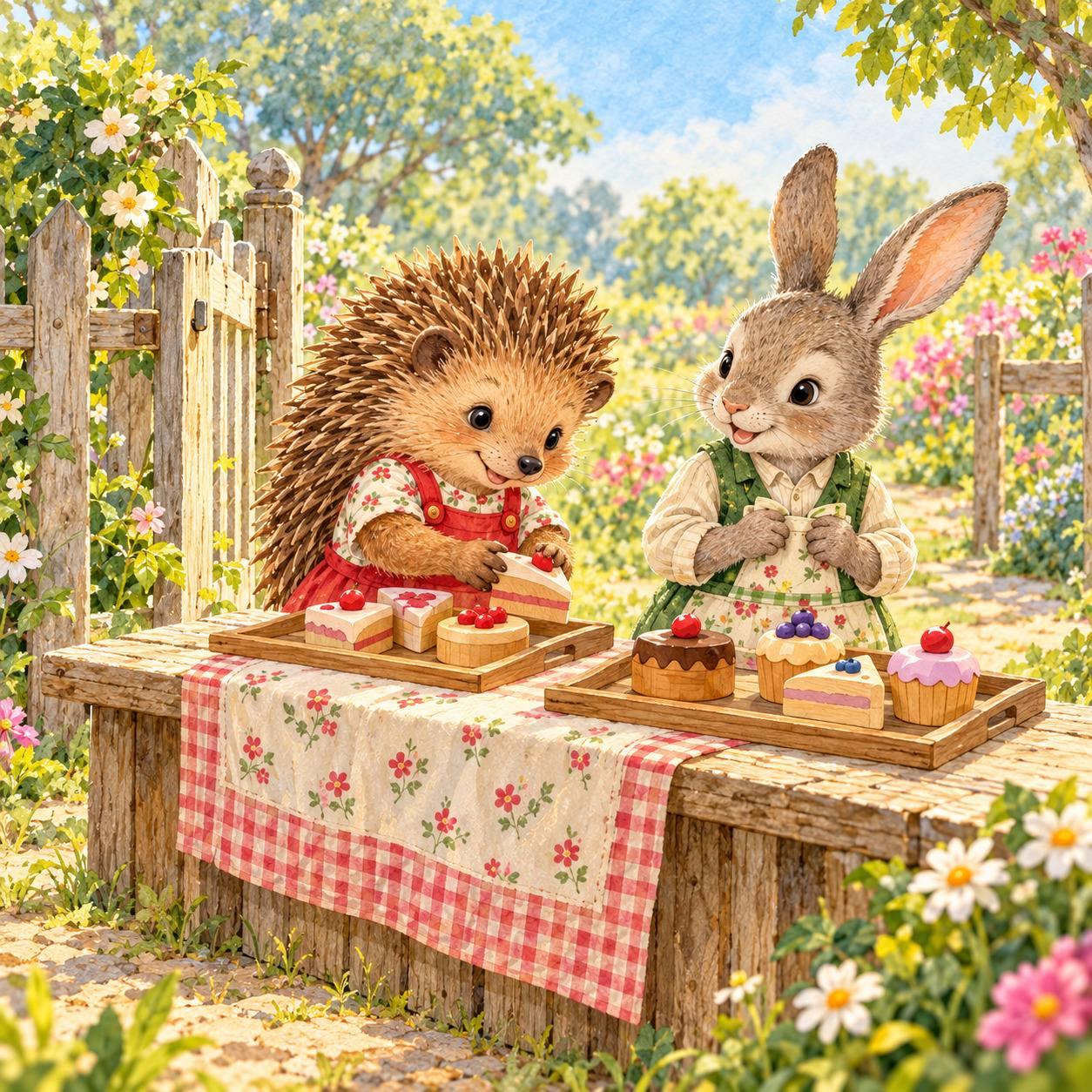 Hedgehog arranging a two-person pretend bakery.