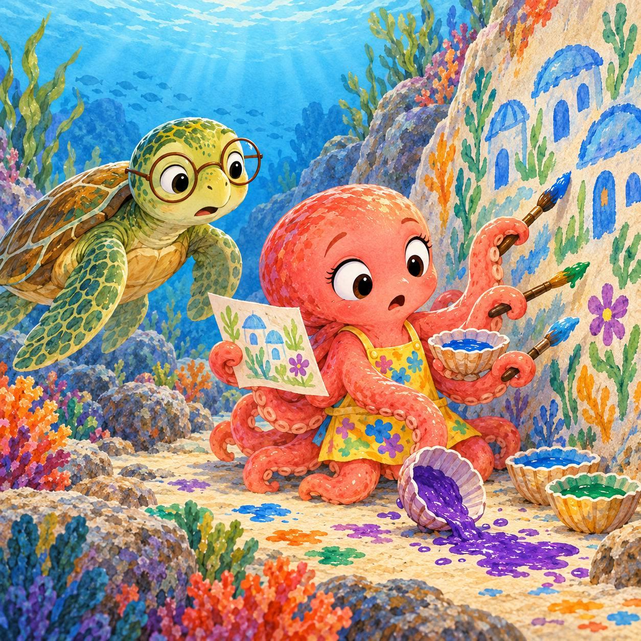 Octopus painting a careful underwater mural.