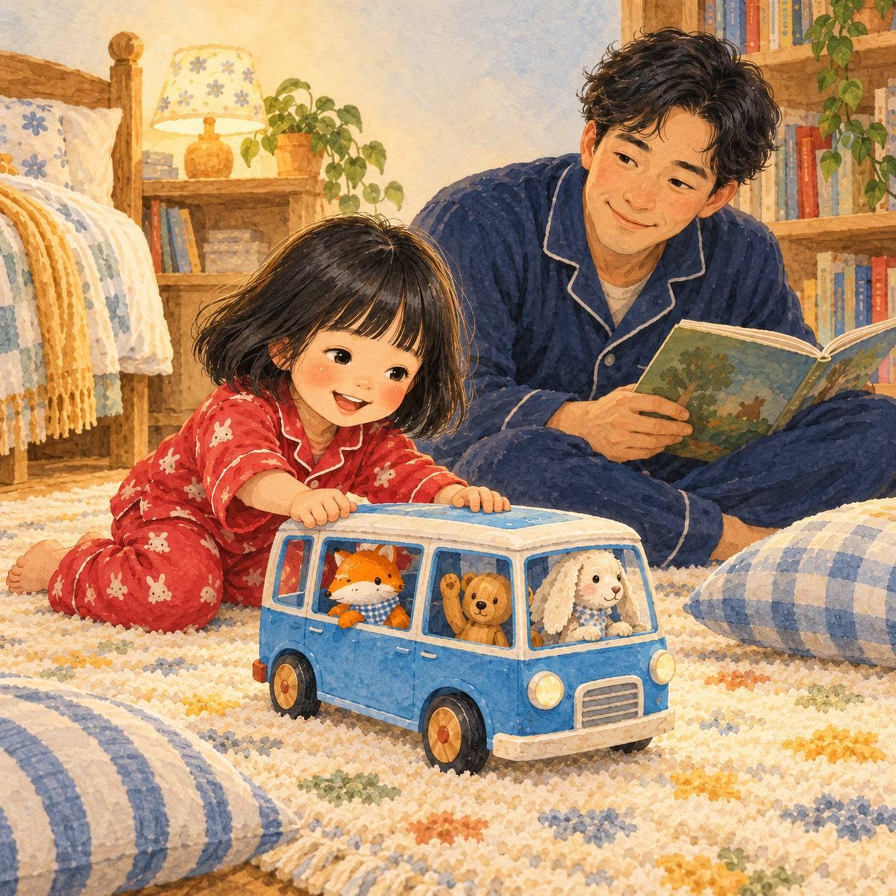 Child driving blue toy bus across a bedroom rug.