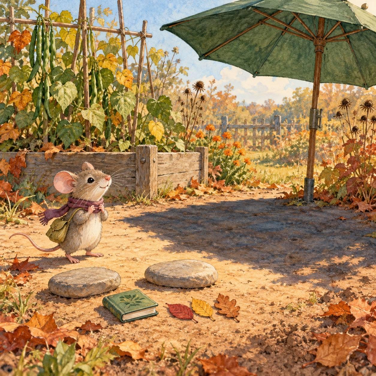 Pip the mouse stands near reading stones and a book beside a green garden umbrella.