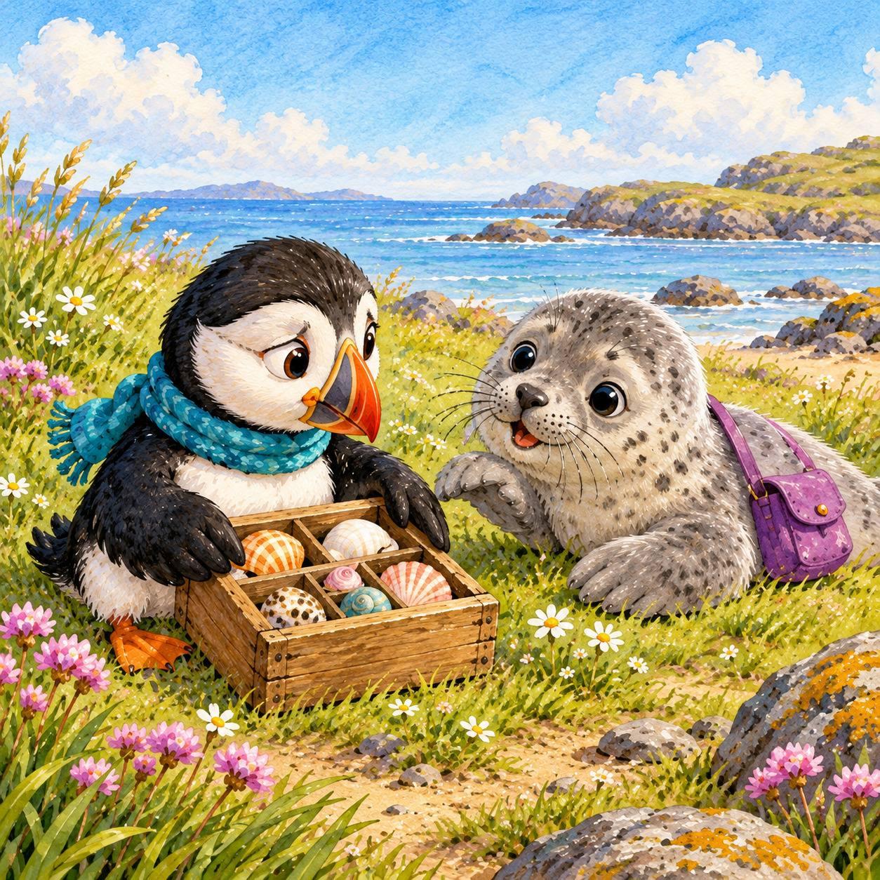 Puffin arranging shells in a small wooden box.