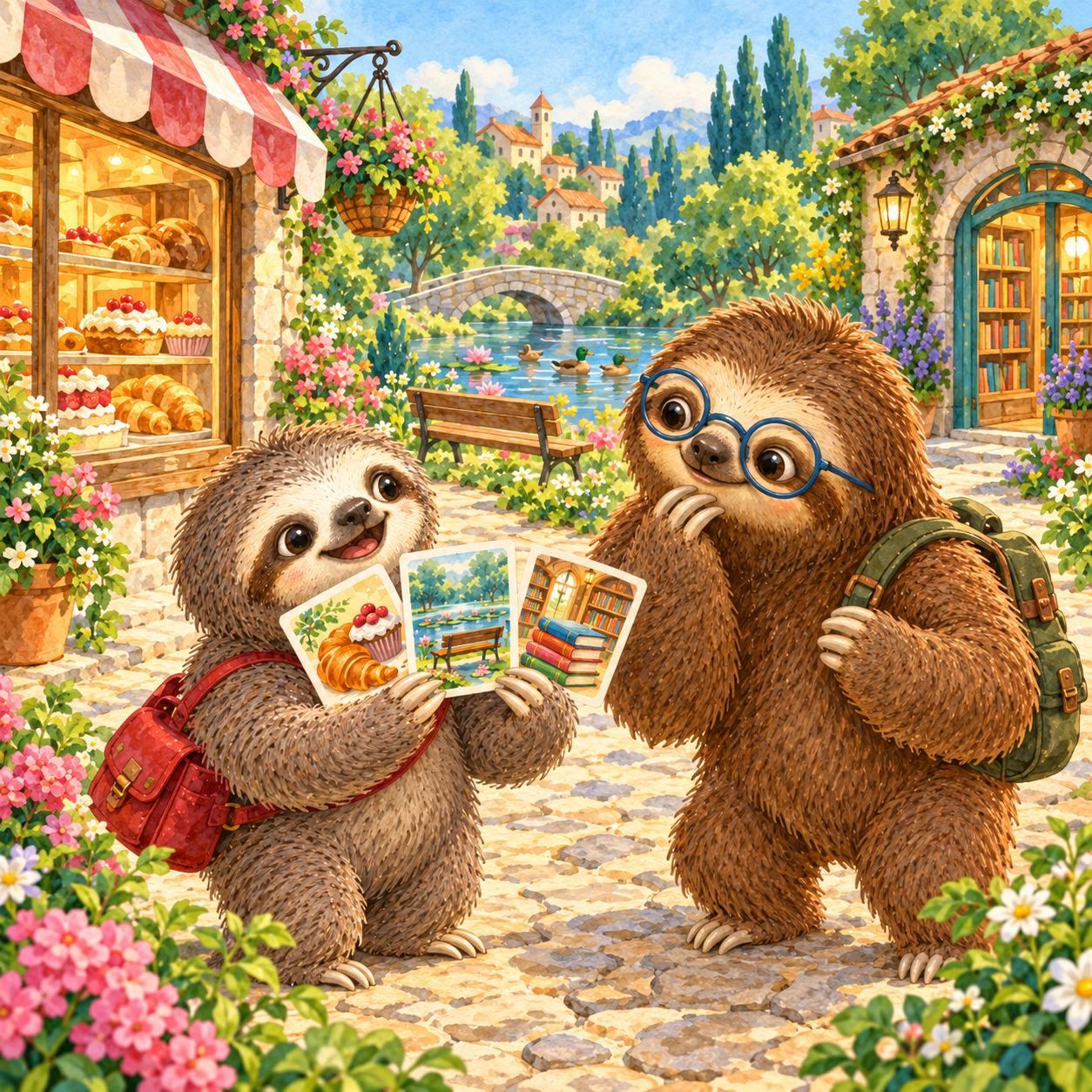 Sloth holding three picture cards for an outing.