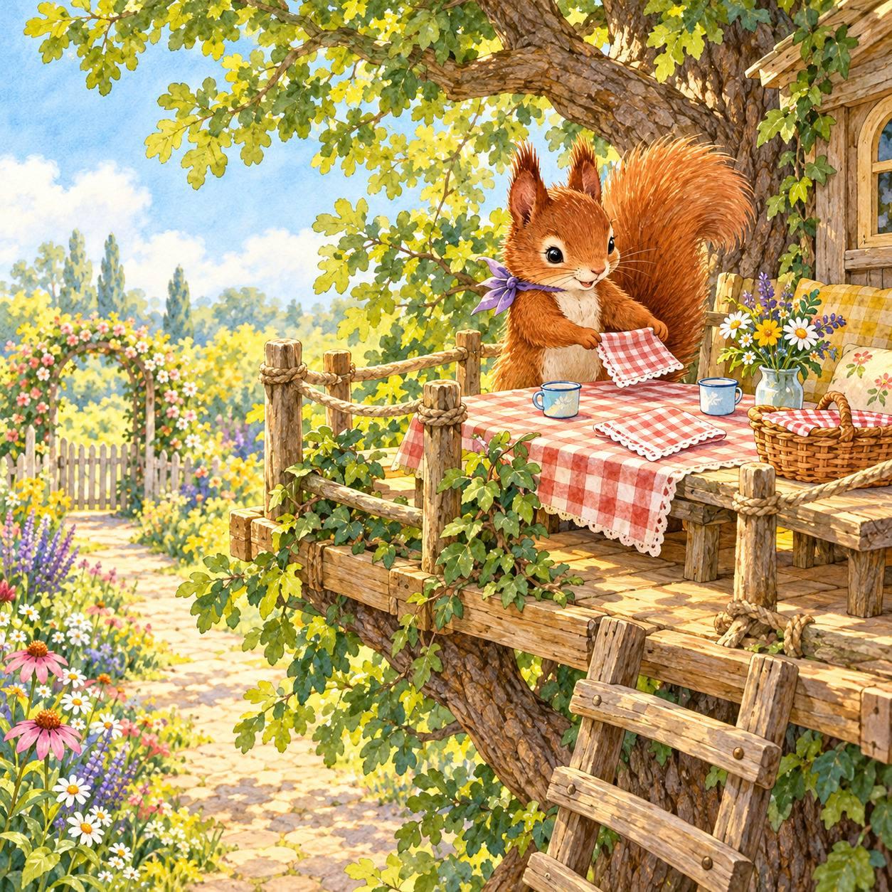 Squirrel placing a picture invitation in a garden mailbox.
