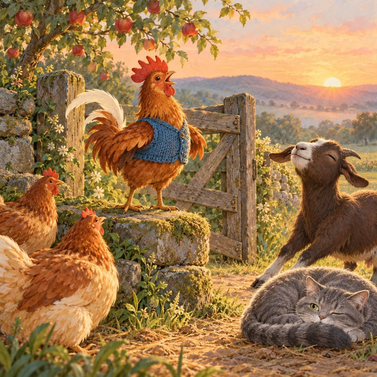 Tavi the rooster announces morning beside an orchard gate, hens, a goat and a cat.