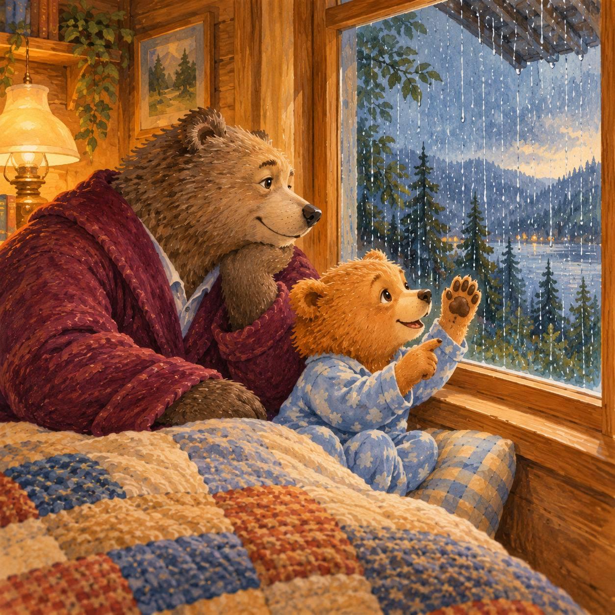 Bear watching rain through a closed bedroom window.