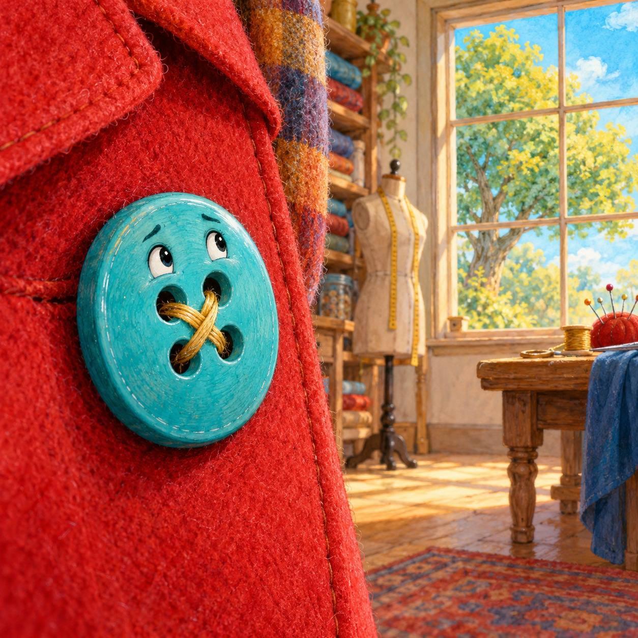 A turquoise button on a red coat looks toward a sewing-room window.