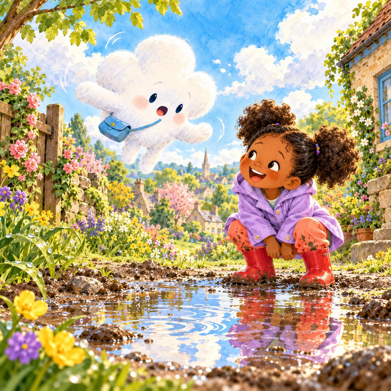 Puddle the small fluffy white cloud with sky-blue pouch and little bare mist feet floats upward above a shallow garden puddle, looking down in comic puzzlement.