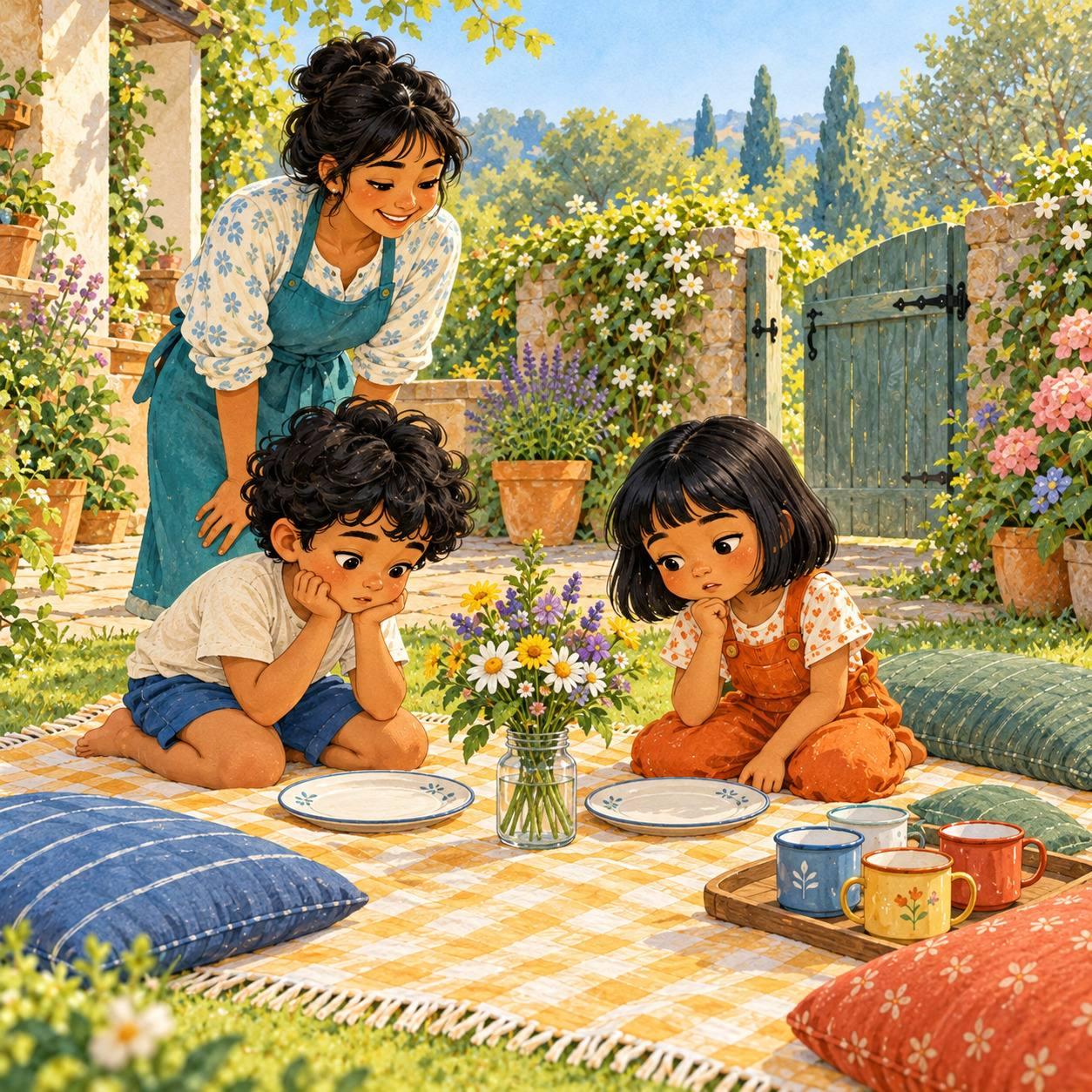 Ready, almost: Arlo spread the picnic blanket. Sumi arranged the cups. They placed flowers in an empty jar and put cushions beside the garden gate.