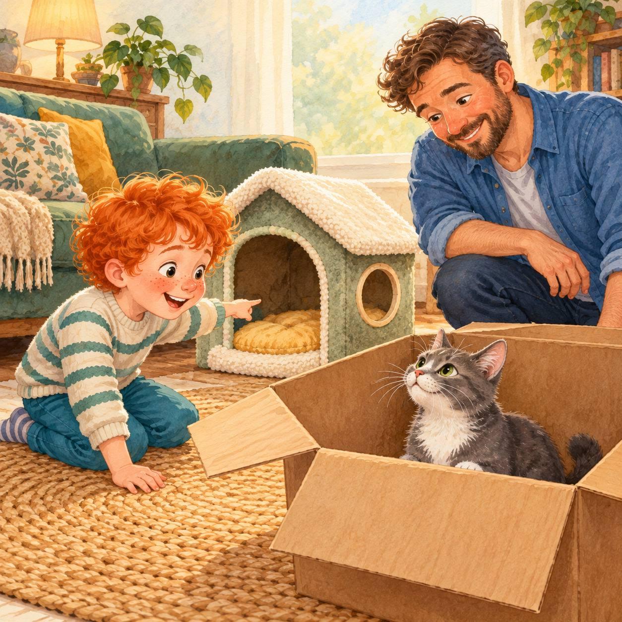 The royal delivery: Milo’s dad assembled the new cat bed. It had a soft roof, a round window, and a cushion like a little moon.
