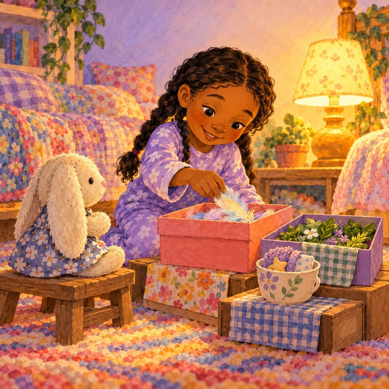 Girl arranging empty boxes as a pretend dream shop.
