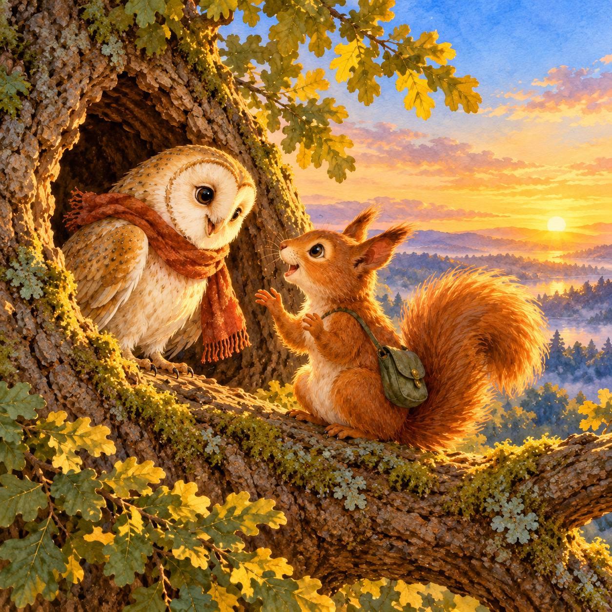 Owl and squirrel talking in an oak at dawn.