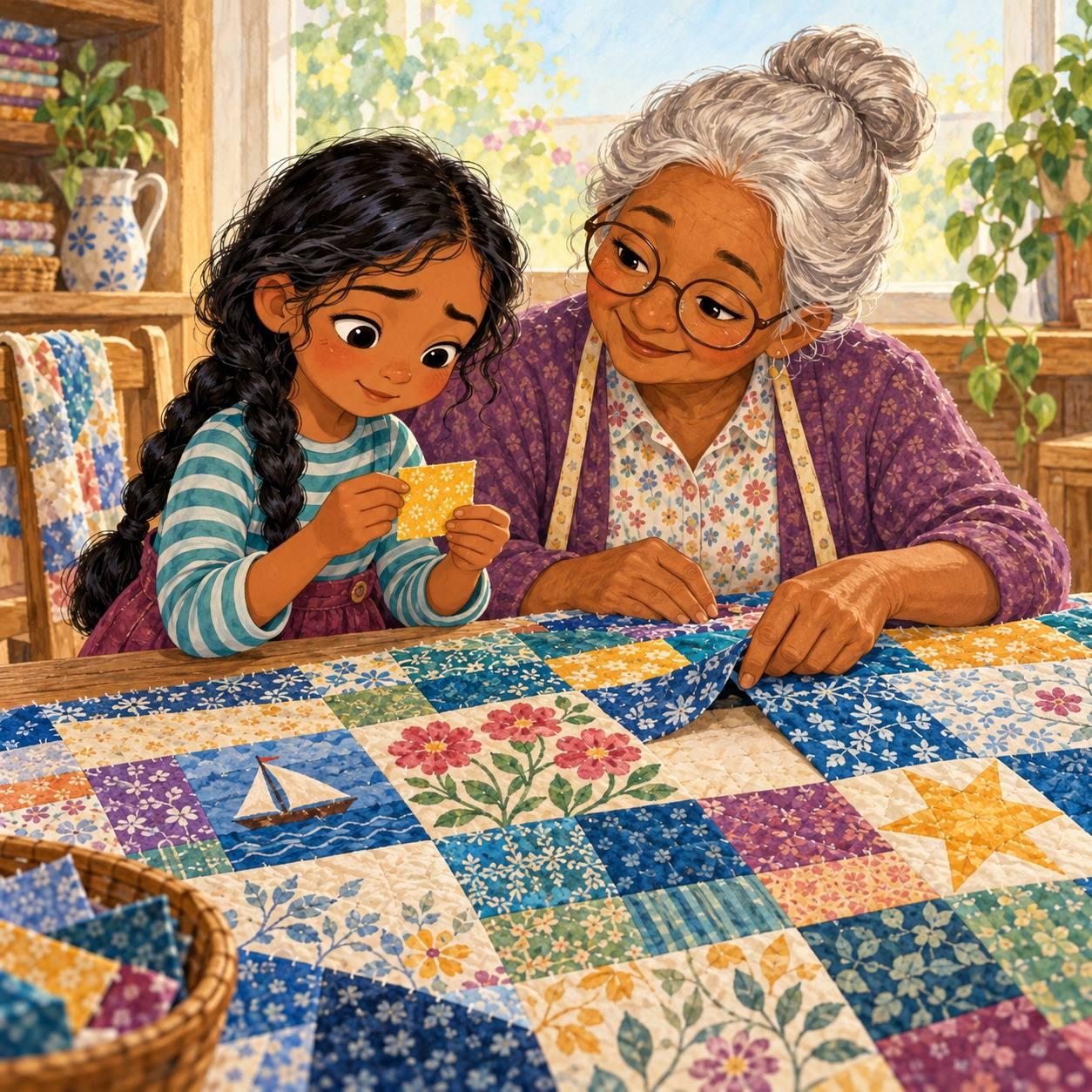 Child and grandmother examining quilt pieces on a table.