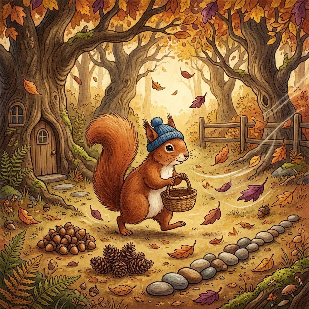 A russet squirrel in a blue knitted cap watches leaves whirl through a cozy orchard.