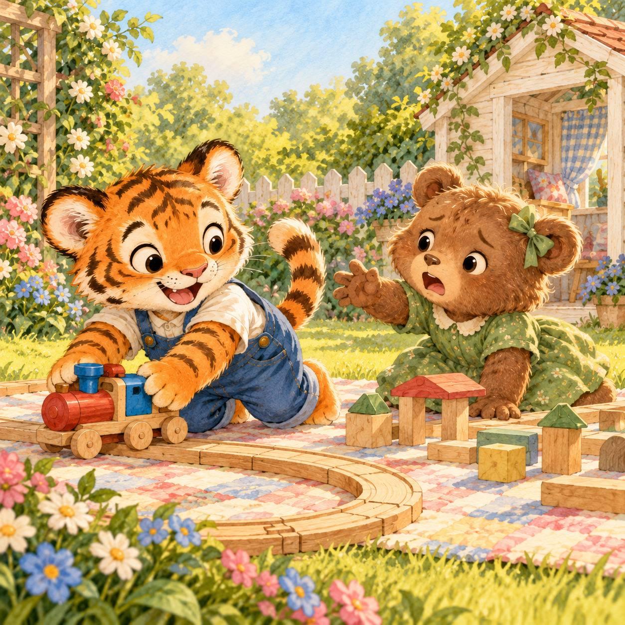 Tiger taking a wooden train before bear can finish playing.